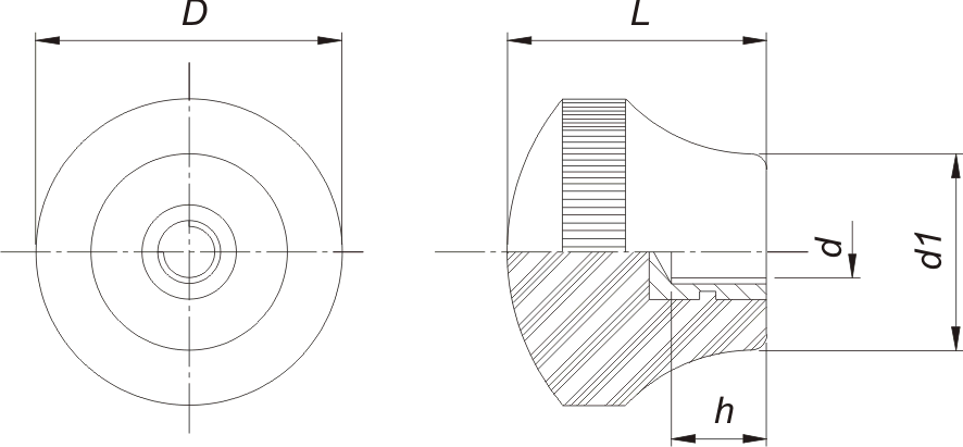 desenho tecnico do VOS - Puxador PRF femea recartilhado Baquelite